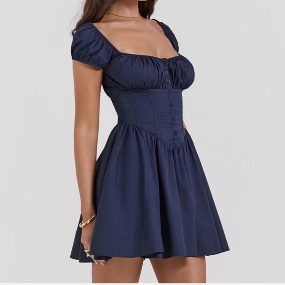 NWOT house of cb French Navy Gathered Mini Dress - Picture 2 of 11
